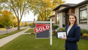 Modern Milton Ontario home with SOLD sign and realtor holding market data tablet in suburban street at golden hour.