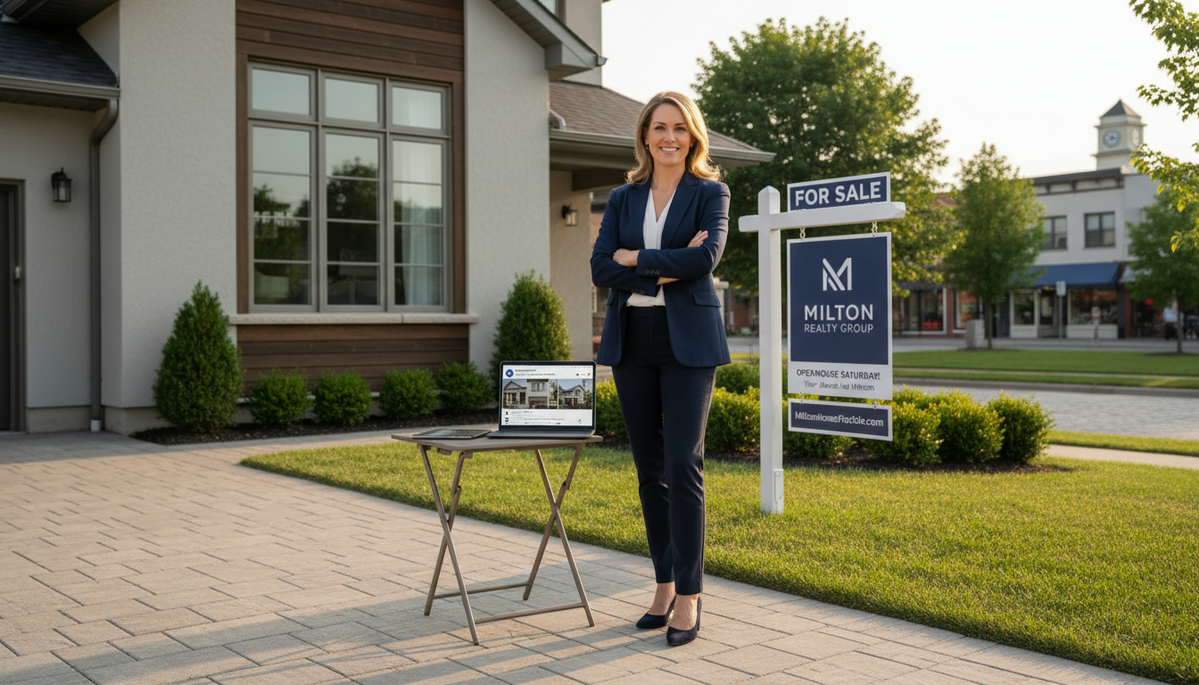 Real estate agent in front of a Milton, Ontario home showcasing digital marketing on a tablet to represent professional copywriting for home sellers.