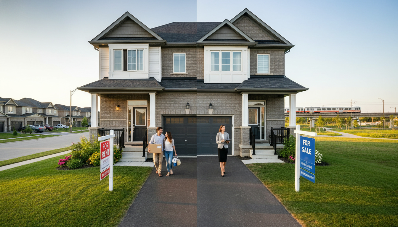 Suburban Milton house with a For Rent sign on one side and For Sale sign on the other, with GO Transit train in the background