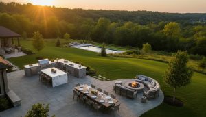 Luxury rural backyard in Milton, Ontario with patio, outdoor kitchen, fire pit, pool and escarpment view at twilight.