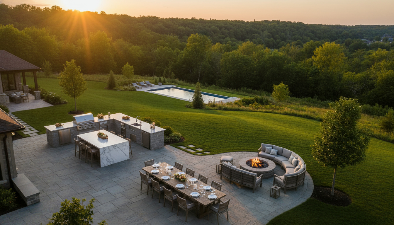 Luxury rural backyard in Milton, Ontario with patio, outdoor kitchen, fire pit, pool and escarpment view at twilight.
