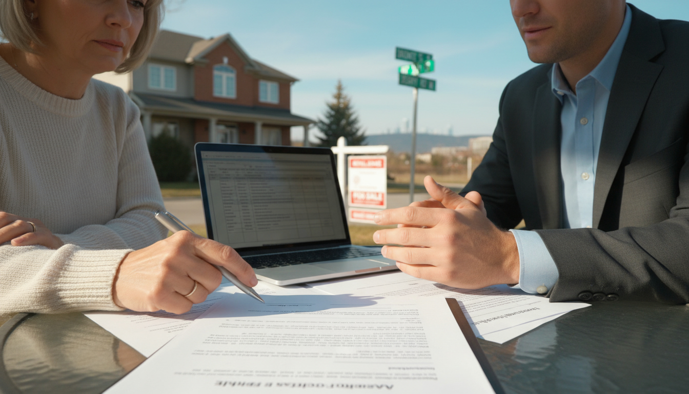 Seller and real estate agent reviewing contract outside a Milton, Ontario home with a For Sale sign