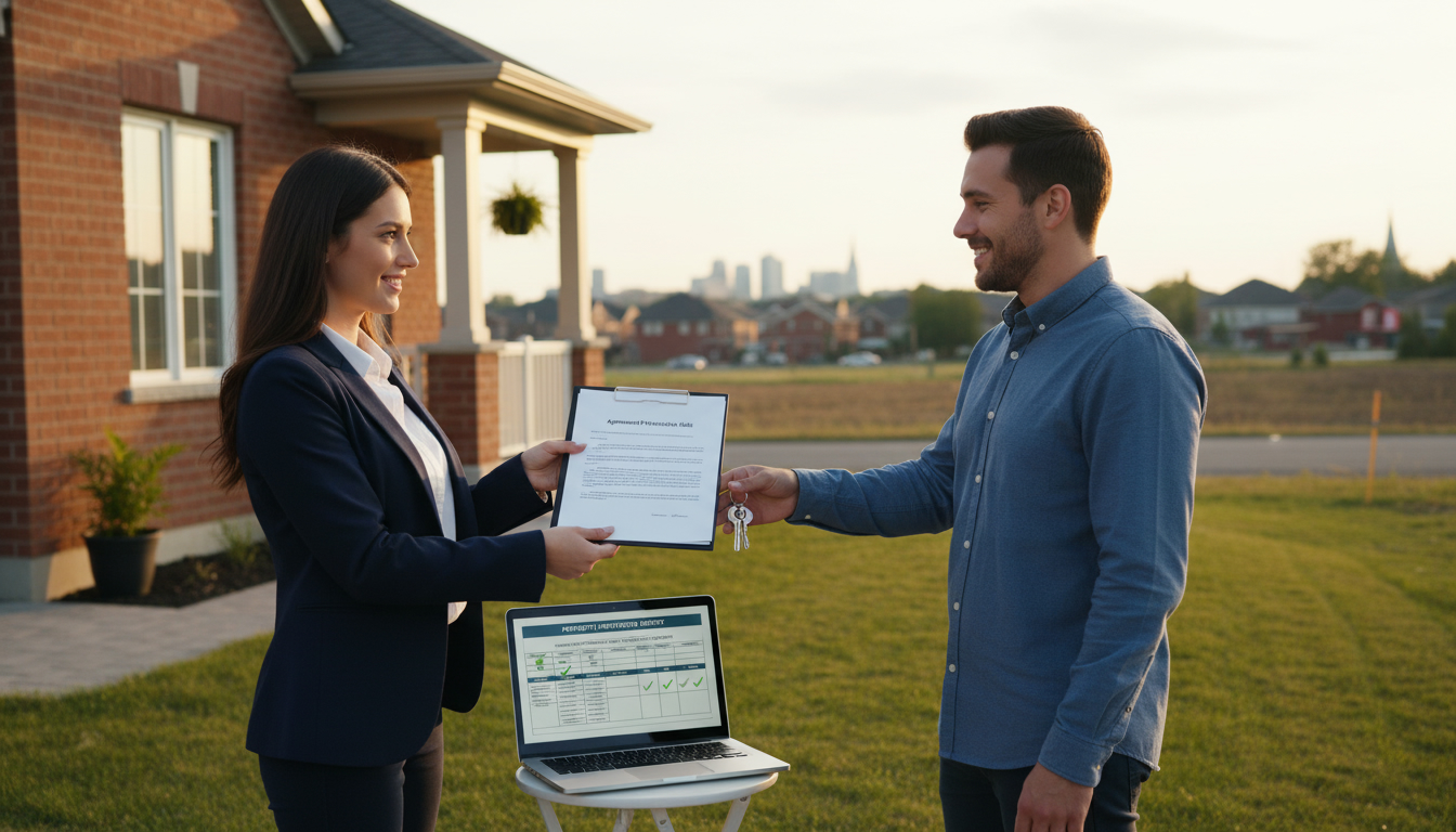 Real estate agent and homeowner with legal documents and house keys in front of a Milton, Ontario home