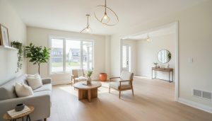 Staged bright living room in a Milton Ontario home with neutral decor and modern lighting