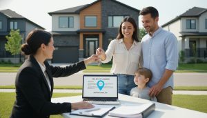 Real estate agent handing keys to homeowners at closing with contract papers and a laptop, Georgetown Ontario neighborhood in background.