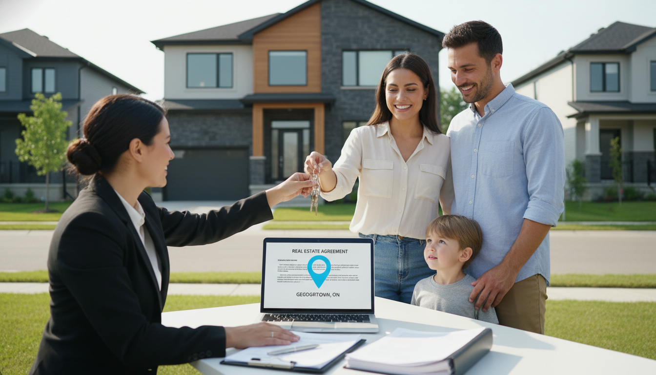 Real estate agent handing keys to homeowners at closing with contract papers and a laptop, Georgetown Ontario neighborhood in background.
