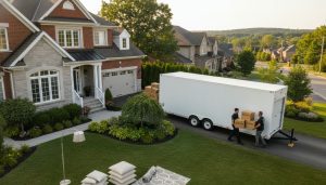 Movers carrying labeled boxes from a Georgetown, Ontario home to a climate-controlled storage unit during home staging