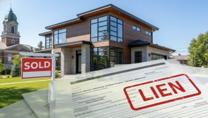 Georgetown Ontario house with SOLD sign and legal title search documents showing a lien stamp