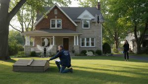 Pest inspector examining foundation of a Georgetown, Ontario home with icons for termite, carpenter ant and mouse