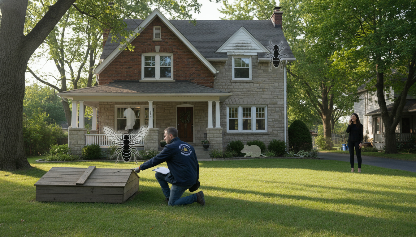 Pest inspector examining foundation of a Georgetown, Ontario home with icons for termite, carpenter ant and mouse