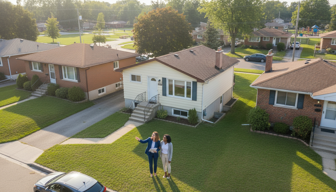 Georgetown Ontario neighborhood with modest home, realtor discussing home sale with young buyers