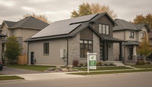 Georgetown Ontario home with solar panels, new windows, and a heat pump unit with an 'Energy Smart Home' sign