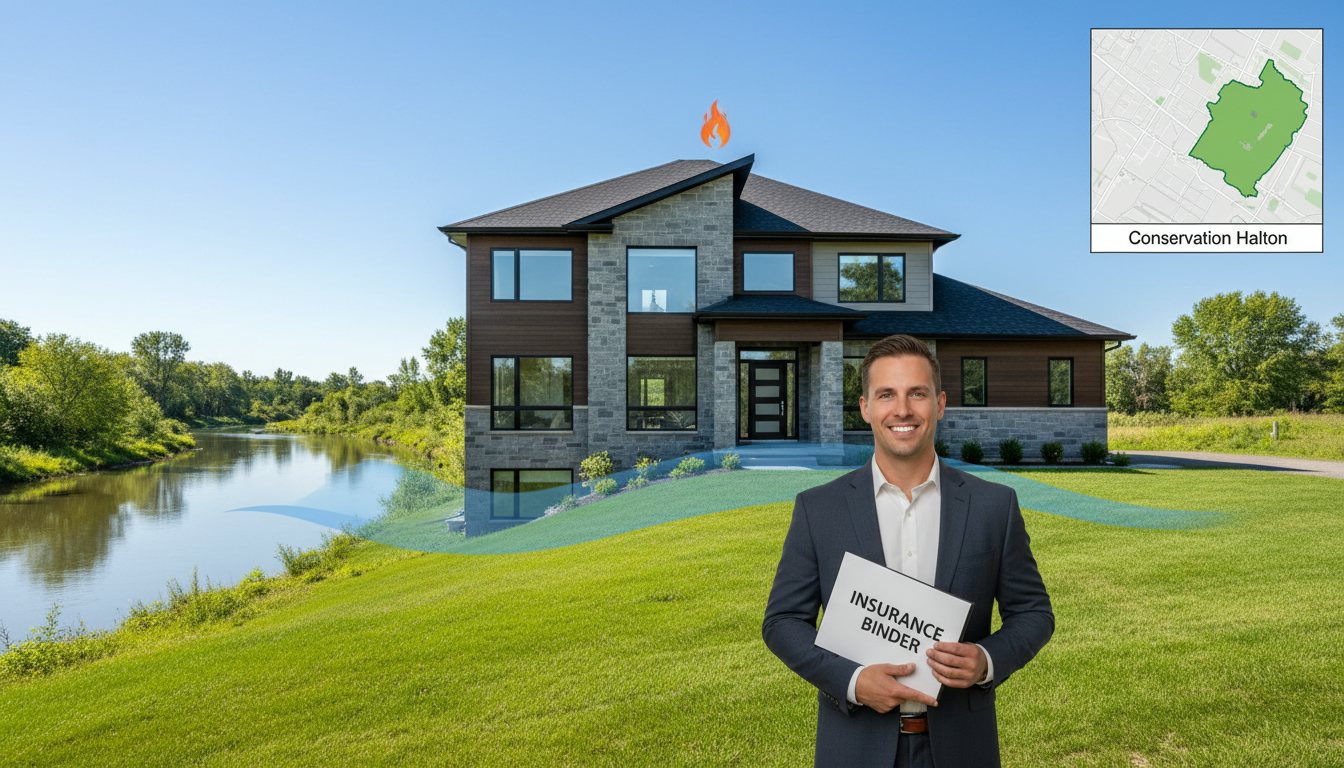 Georgetown Ontario home near river with flood and fire risk icons and real estate agent holding insurance binder