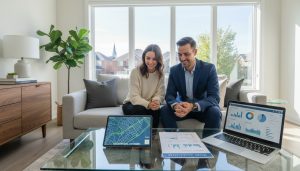 Realtor reviewing listing updates with home sellers in a Georgetown, Ontario house, tablet showing neighborhood map and analytics.