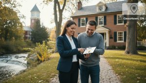 Realtor reviewing insurance documents with homeowner in front of a Georgetown, Ontario house with insurance icons and map pin