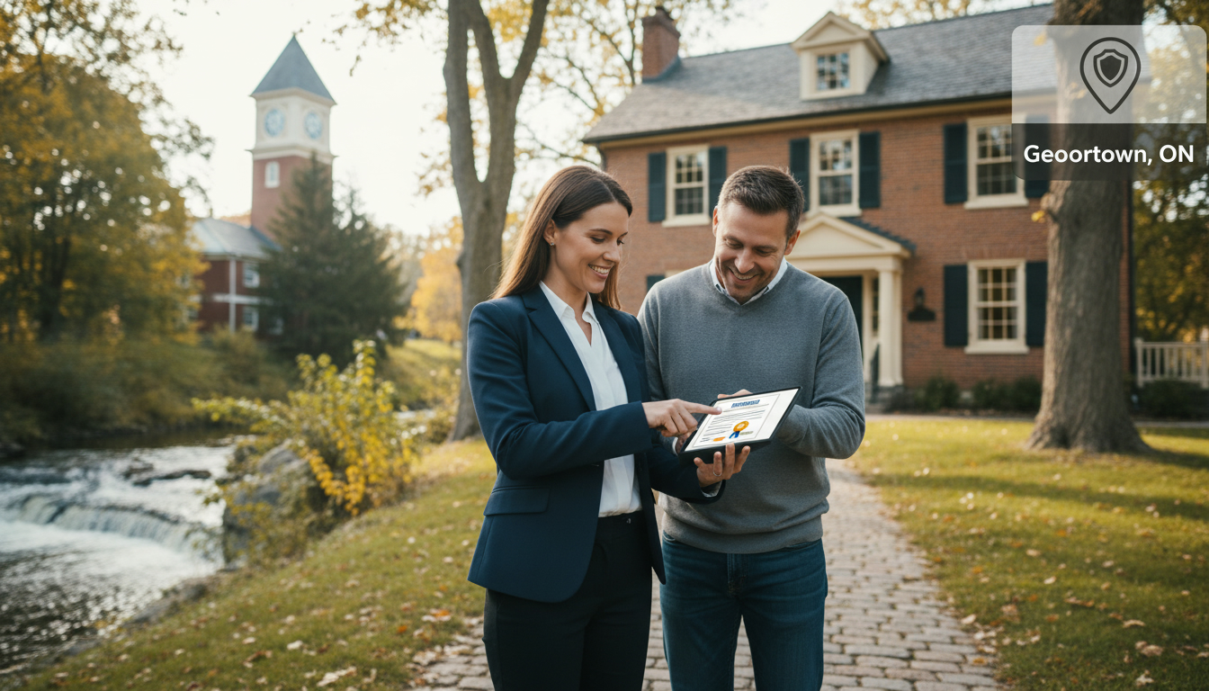 Realtor reviewing insurance documents with homeowner in front of a Georgetown, Ontario house with insurance icons and map pin