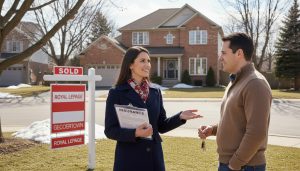 Realtor with clipboard and insurance documents in front of a sold house in Georgetown Ontario