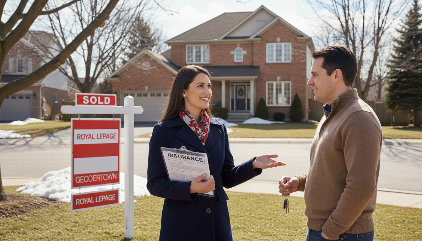 Realtor with clipboard and insurance documents in front of a sold house in Georgetown Ontario