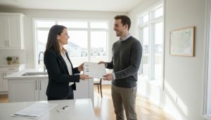 Realtor handing a warranty and manual binder to homebuyer inside a Georgetown home with inventory summary on the counter
