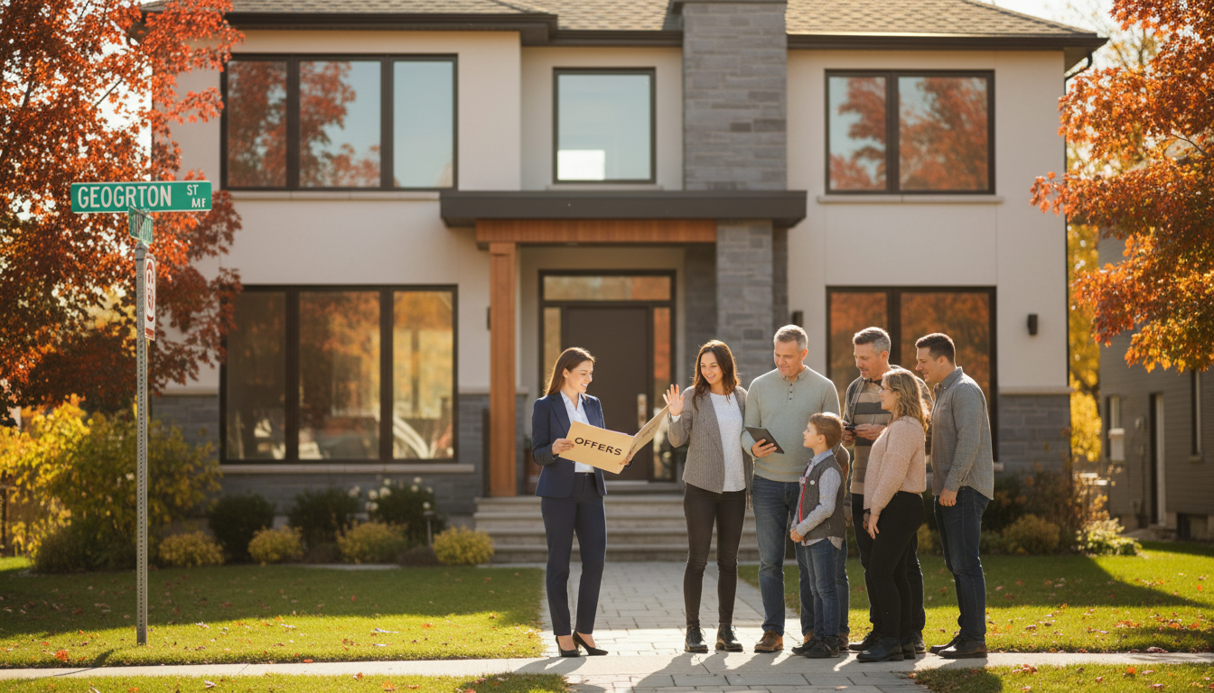 Realtor managing multiple offers at a busy Georgetown, Ontario open house with buyers viewing property.