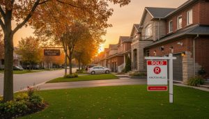 Georgetown Ontario neighborhood street with security camera and SOLD sign, showing safe suburban environment