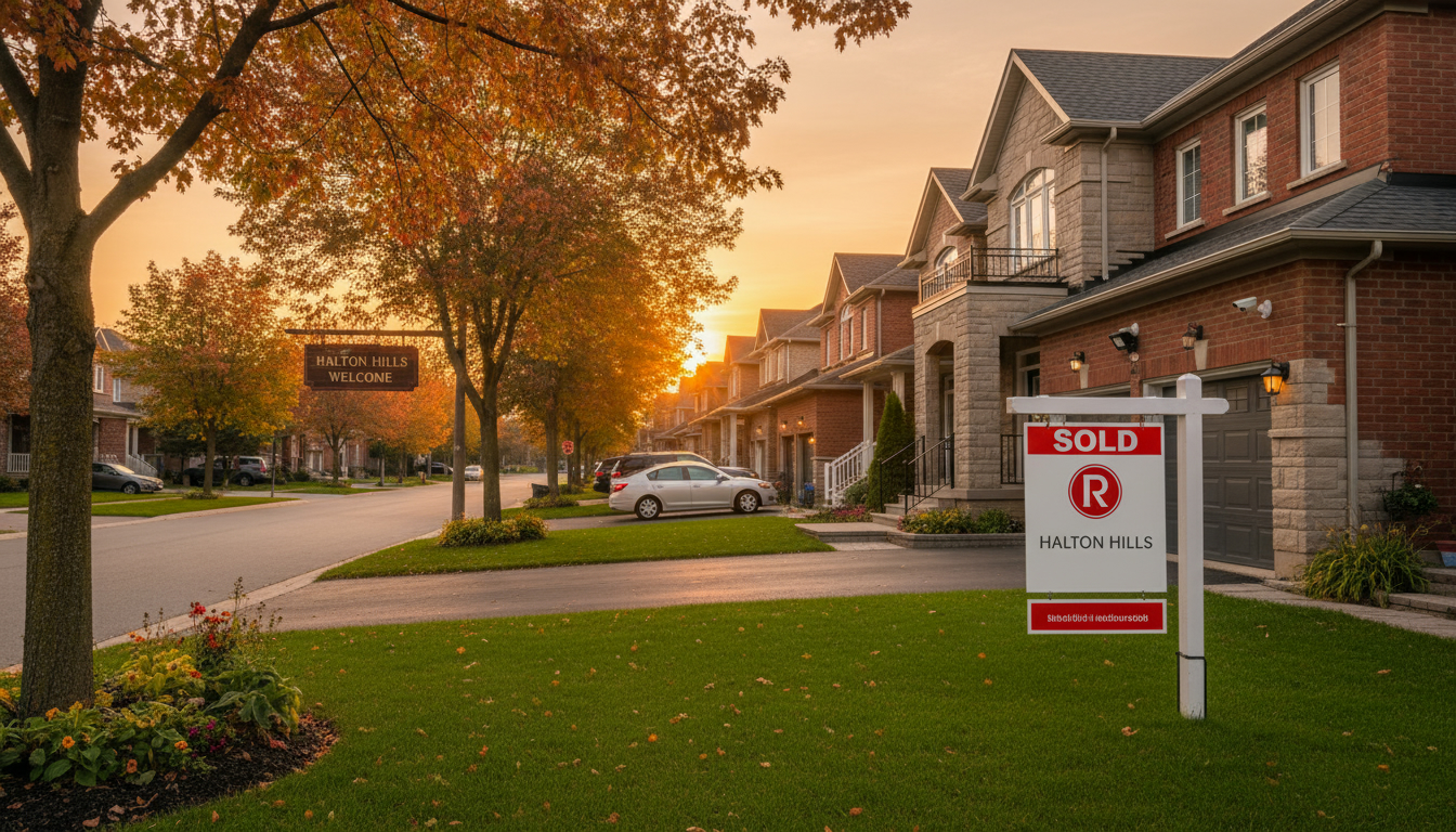 Georgetown Ontario neighborhood street with security camera and SOLD sign, showing safe suburban environment
