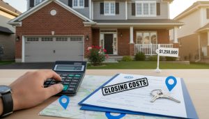 Calculator, closing documents, and keys on a table with a Georgetown, Ontario house in the background showing closing costs