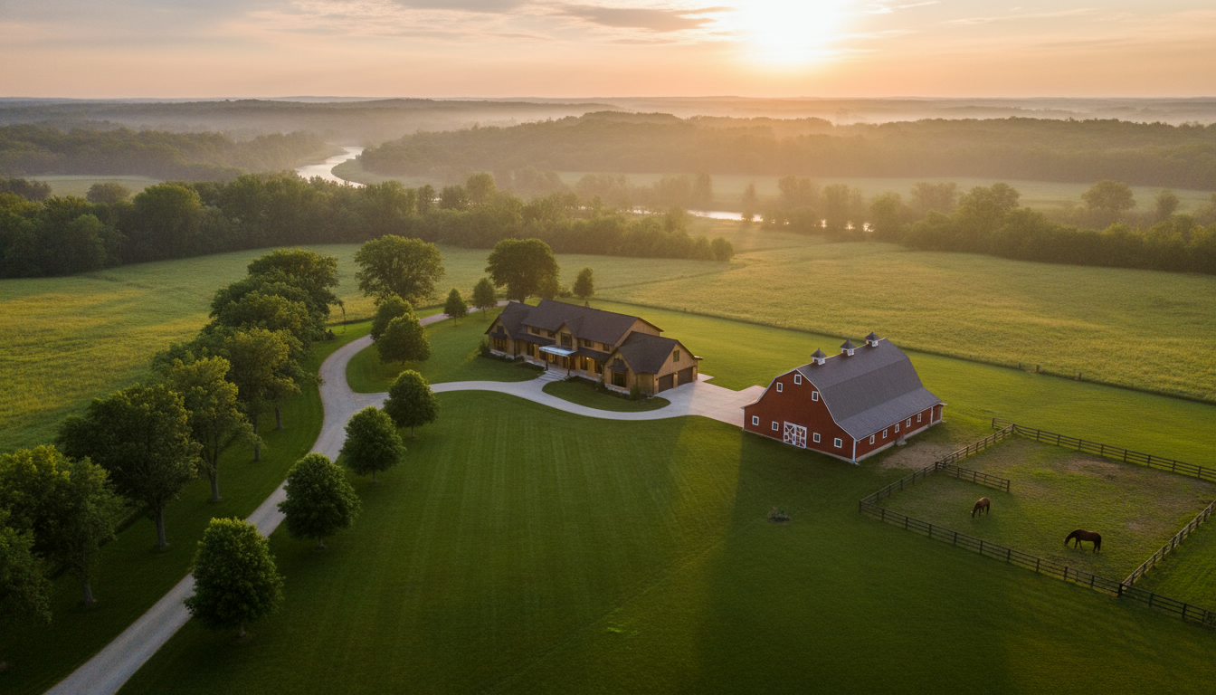 Aerial view of a luxury rural home with barn and paddock near Georgetown, Ontario at sunset.