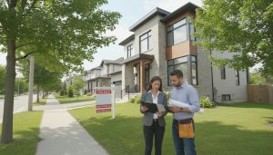 Realtor and home inspector reviewing appraisal report outside a Georgetown, Ontario home with for sale sign