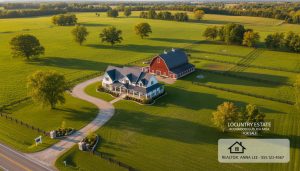 Aerial view of a luxury country home with barn and rolling fields near Rockwood and Guelph, photographed at golden hour.