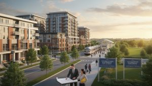 Pre-construction condo renderings near Georgetown GO station with realtor and clients reviewing plans