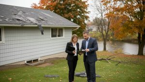 Georgetown home with storm damage; realtor and homeowner reviewing insurance claim documents outside the house.