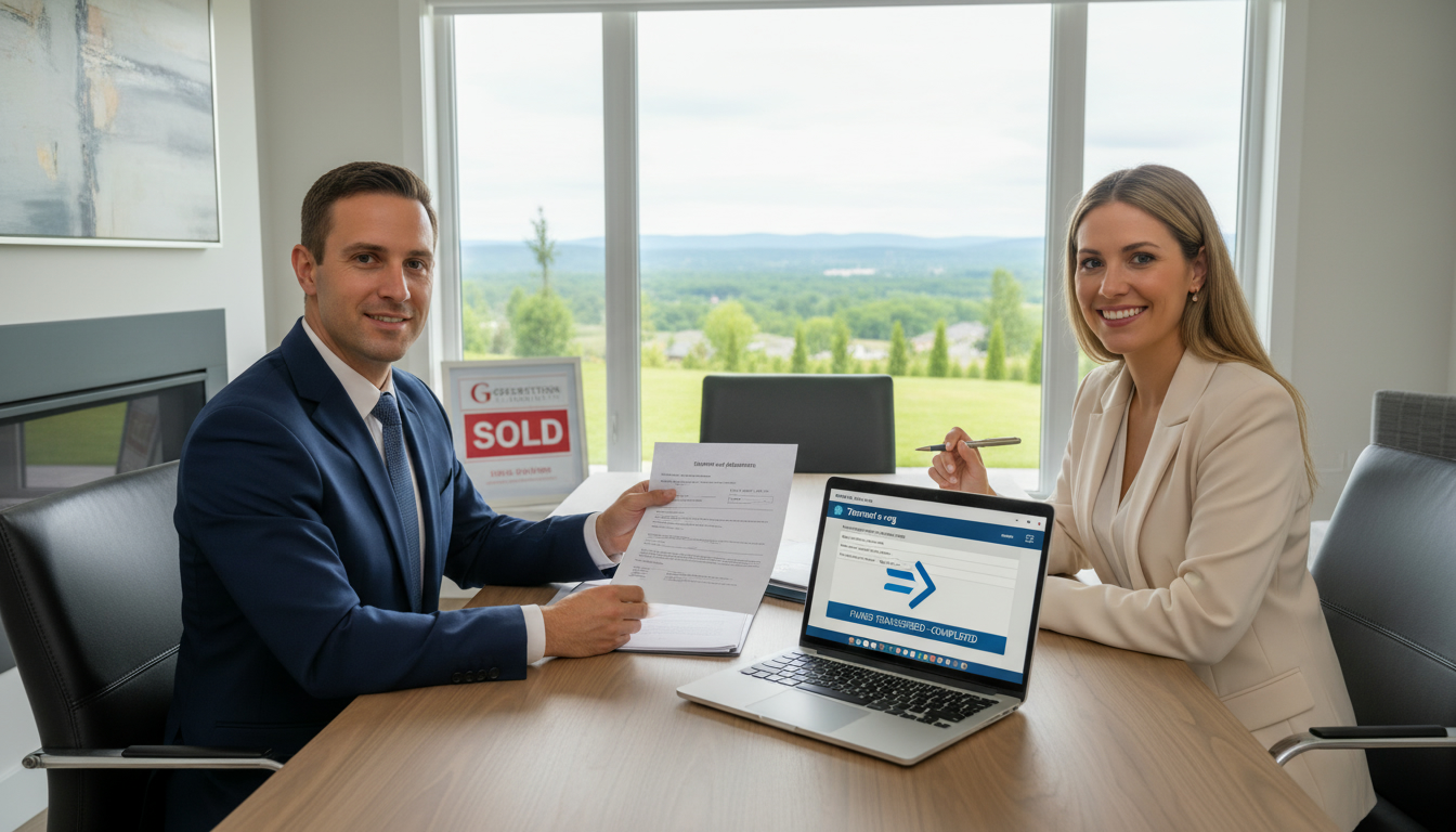 Real estate closing in Georgetown Ontario with lawyer, seller, and digital registration on laptop