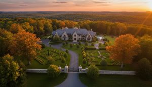 Aerial view of a large estate home in Georgetown, Ontario with long driveway and manicured grounds at sunset