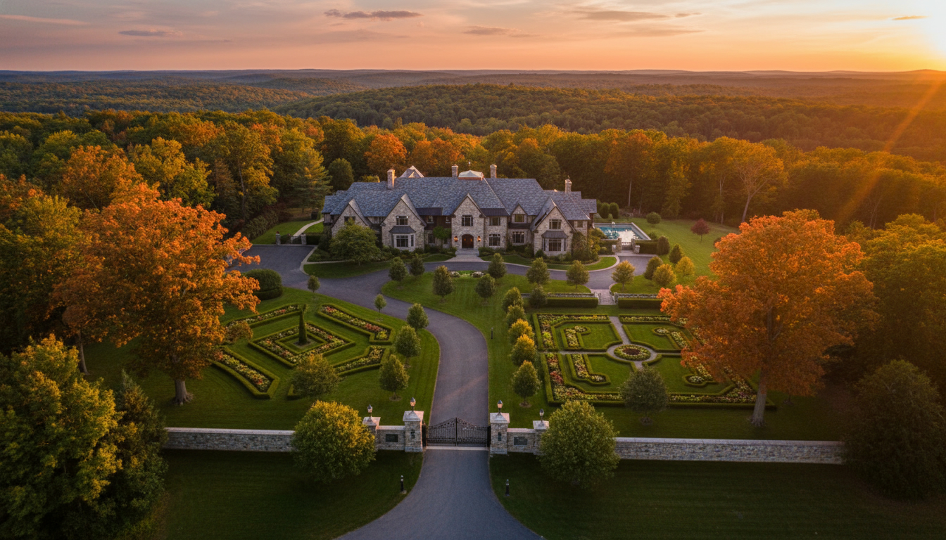 Aerial view of a large estate home in Georgetown, Ontario with long driveway and manicured grounds at sunset