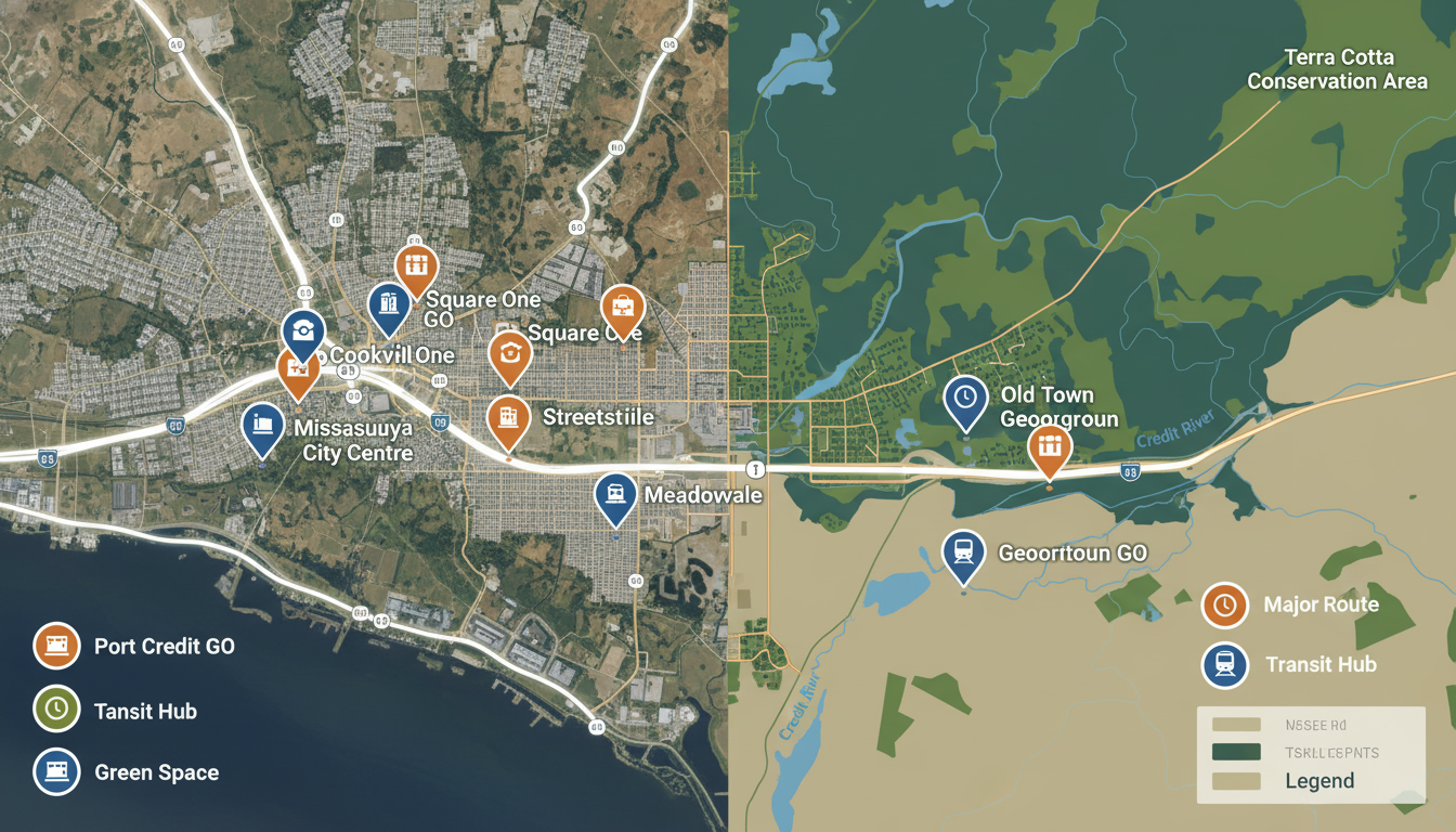 Aerial map overlay showing Mississauga and Georgetown with highlighted neighbourhoods, GO stations, highways and parks.