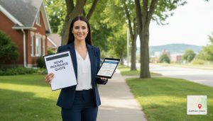 Realtor holding home insurance quotes in front of a Georgetown, Ontario house
