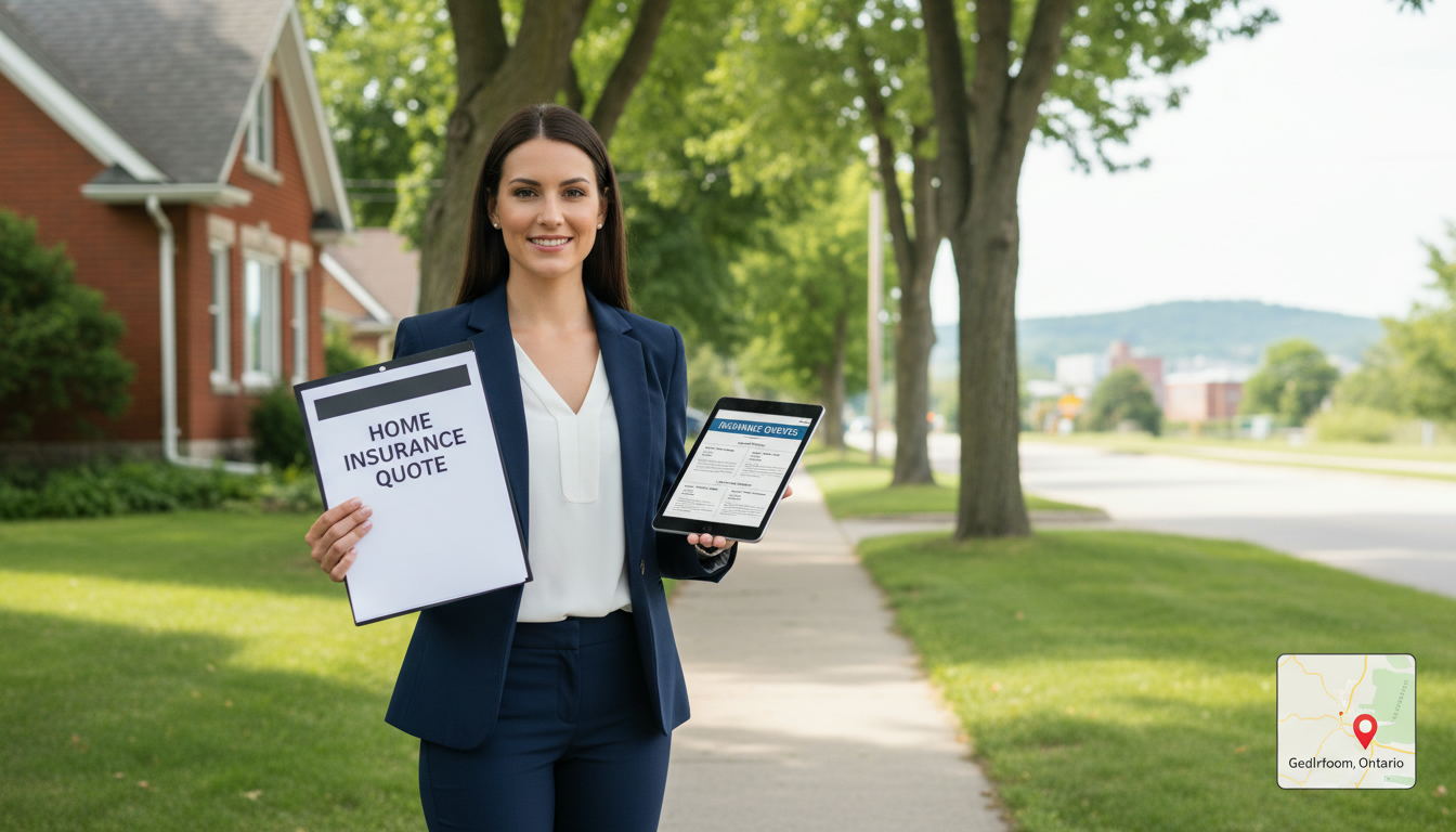 Realtor holding home insurance quotes in front of a Georgetown, Ontario house