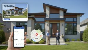Georgetown Ontario house with Facebook ad overlay showing metrics and map pin