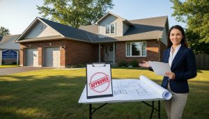 Georgetown Ontario house with new addition and garage, approved building permit on clipboard and blueprints, town office sign visible