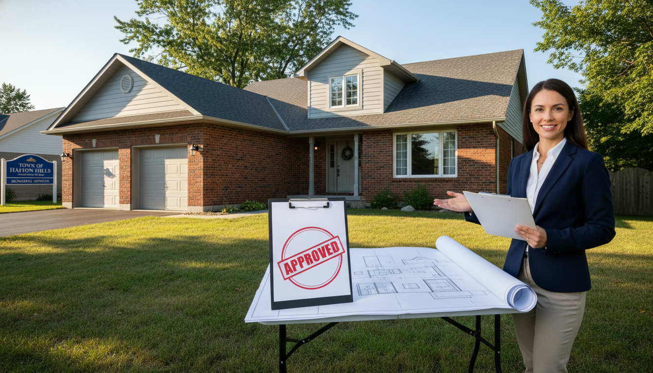 Georgetown Ontario house with new addition and garage, approved building permit on clipboard and blueprints, town office sign visible