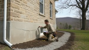 Home inspector examining foundation crack at base of a Georgetown Ontario house with clipboard and flashlight