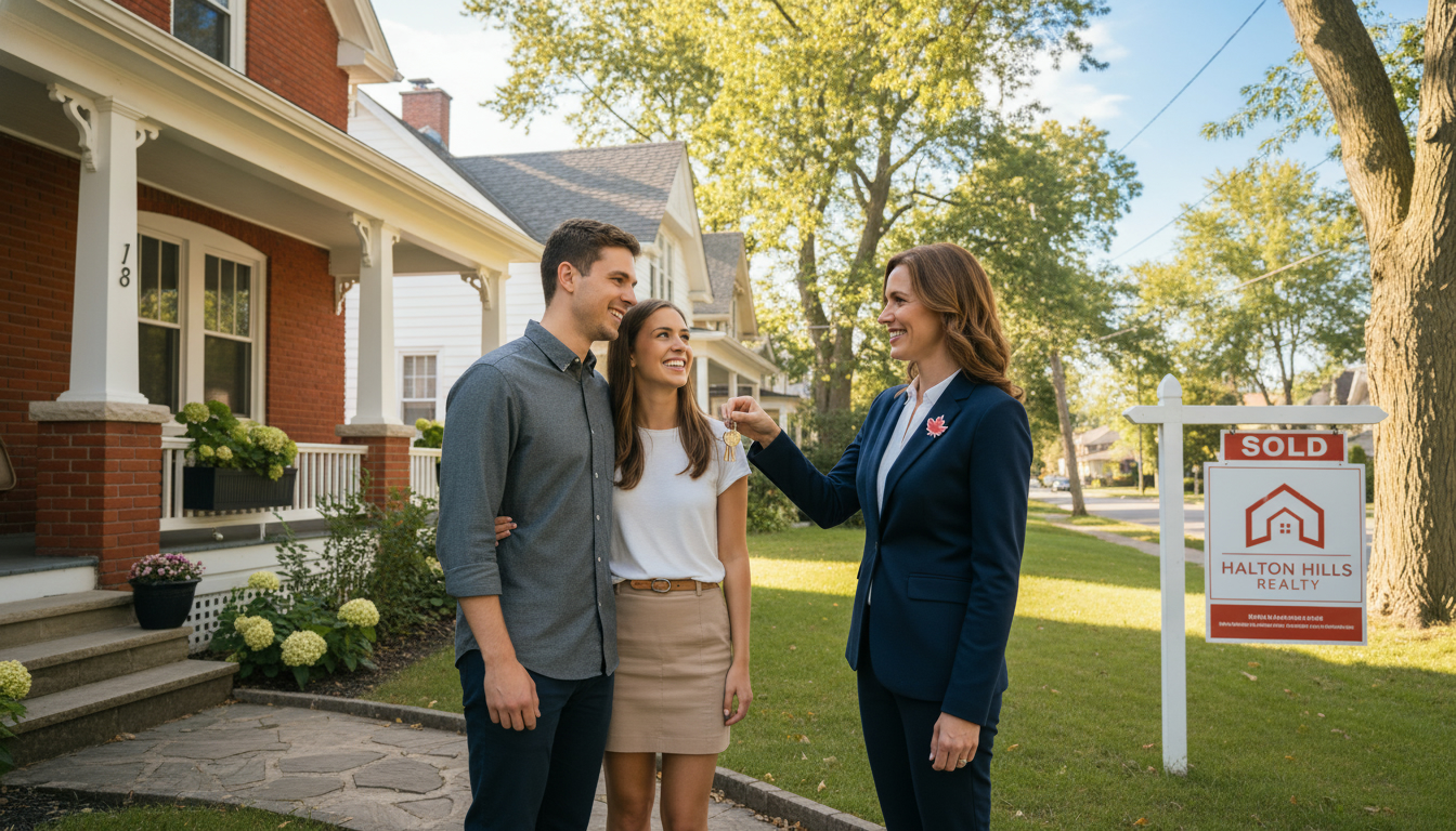Real estate agent handing keys to buyers in front of a Georgetown, Ontario home with SOLD sign