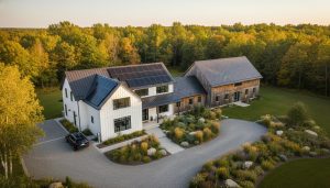 Aerial view of a luxury eco-friendly farmhouse in Georgetown, Ontario with solar panels, native landscaping and outbuildings.