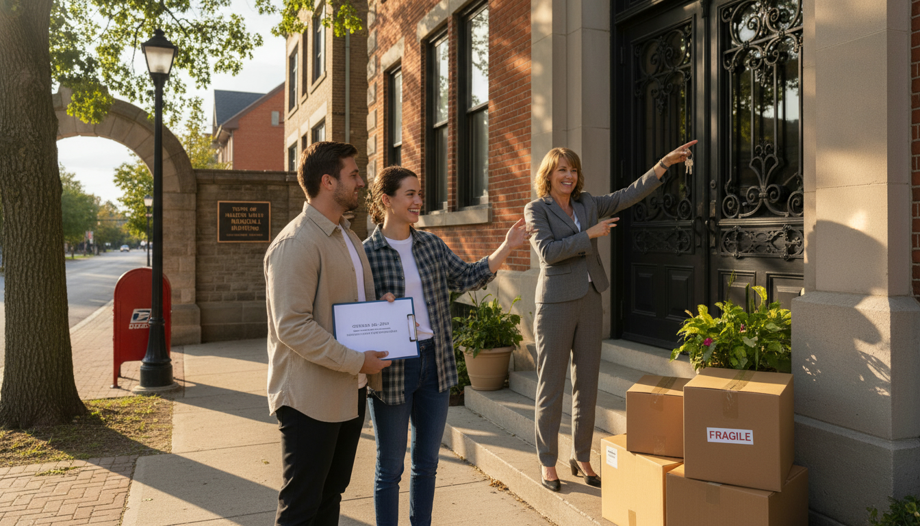 Homeowner handing keys to buyer on closing day in Georgetown, Ontario with moving boxes and 'Closing Day' documents visible