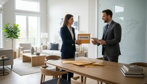 Realtor reviewing multiple offer envelopes for a Georgetown, Ontario home