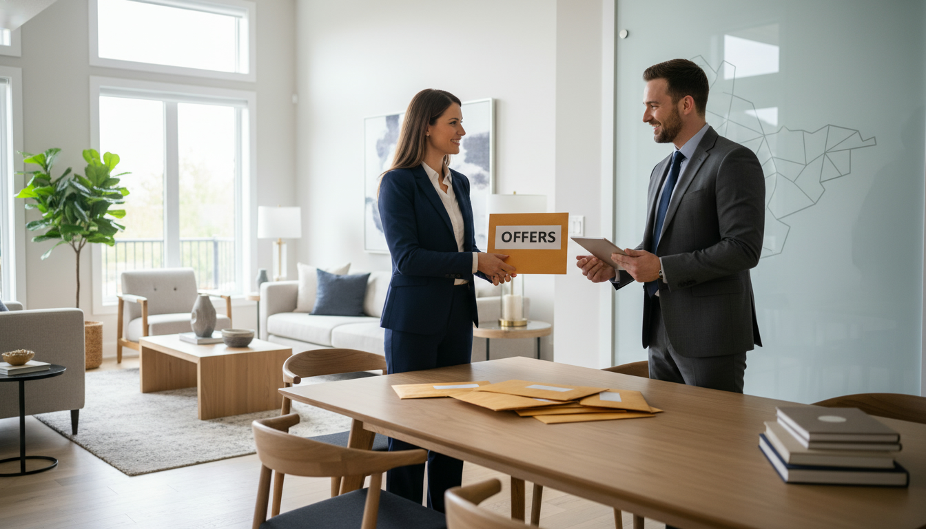 Realtor reviewing multiple offer envelopes for a Georgetown, Ontario home