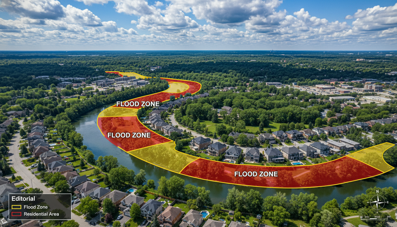 Aerial view of Georgetown ON along the Credit River with floodplain overlays highlighting potential flood-prone zones