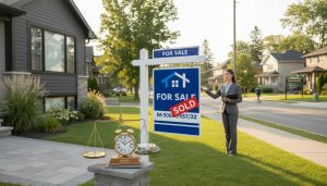 Georgetown Ontario house with for sale sign and scale balancing time and money to show balancing speed with price.