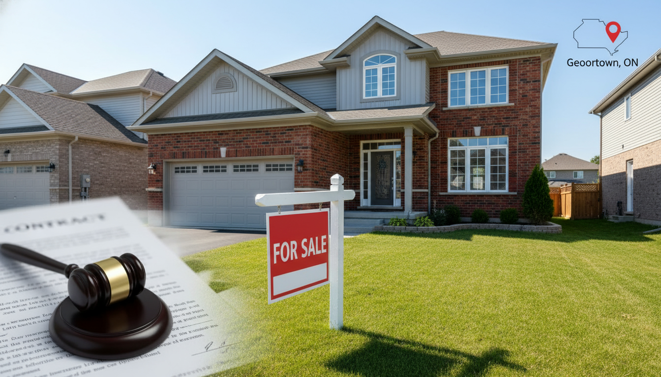 Georgetown Ontario house with for sale sign and legal documents overlay